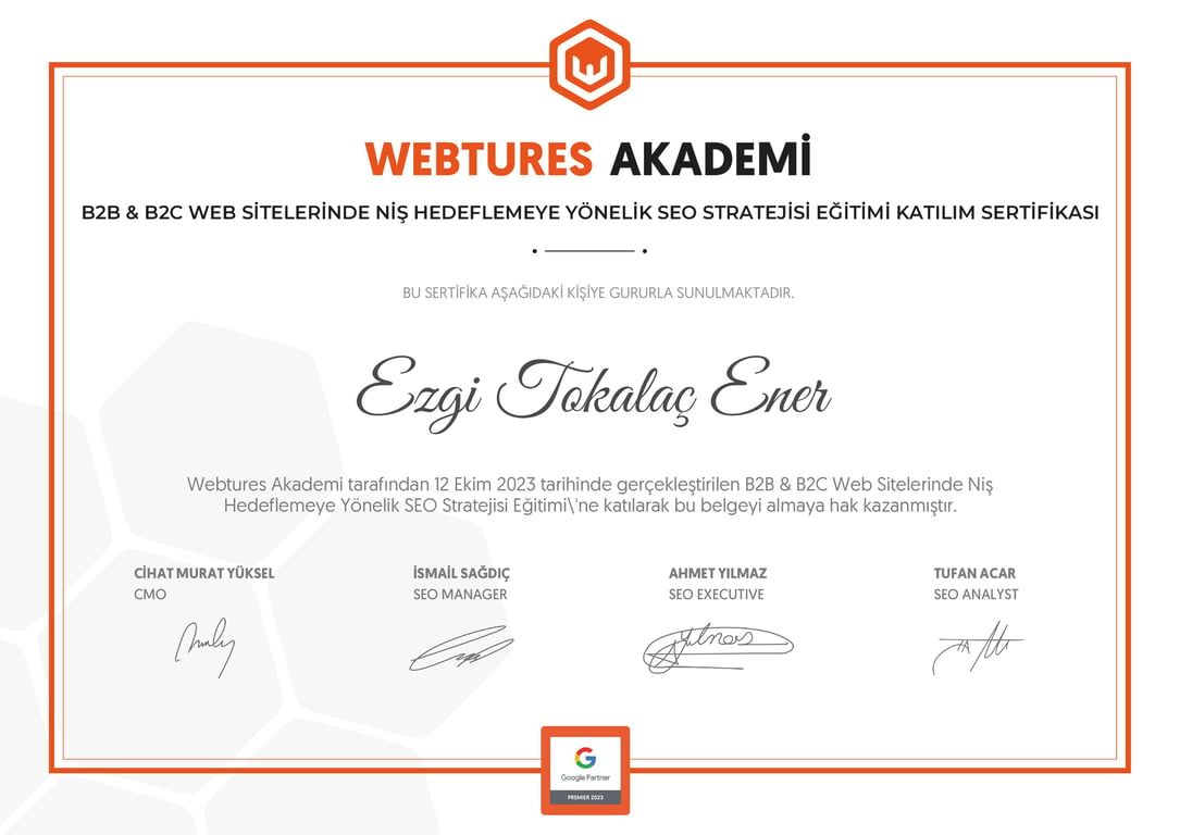 Ezgi Tokalaç Ener - B2B & B2C Web Sitelerinde Niş Hedeflemeye Yönelik SEO Stratejisi Eğitimi sertifikası
