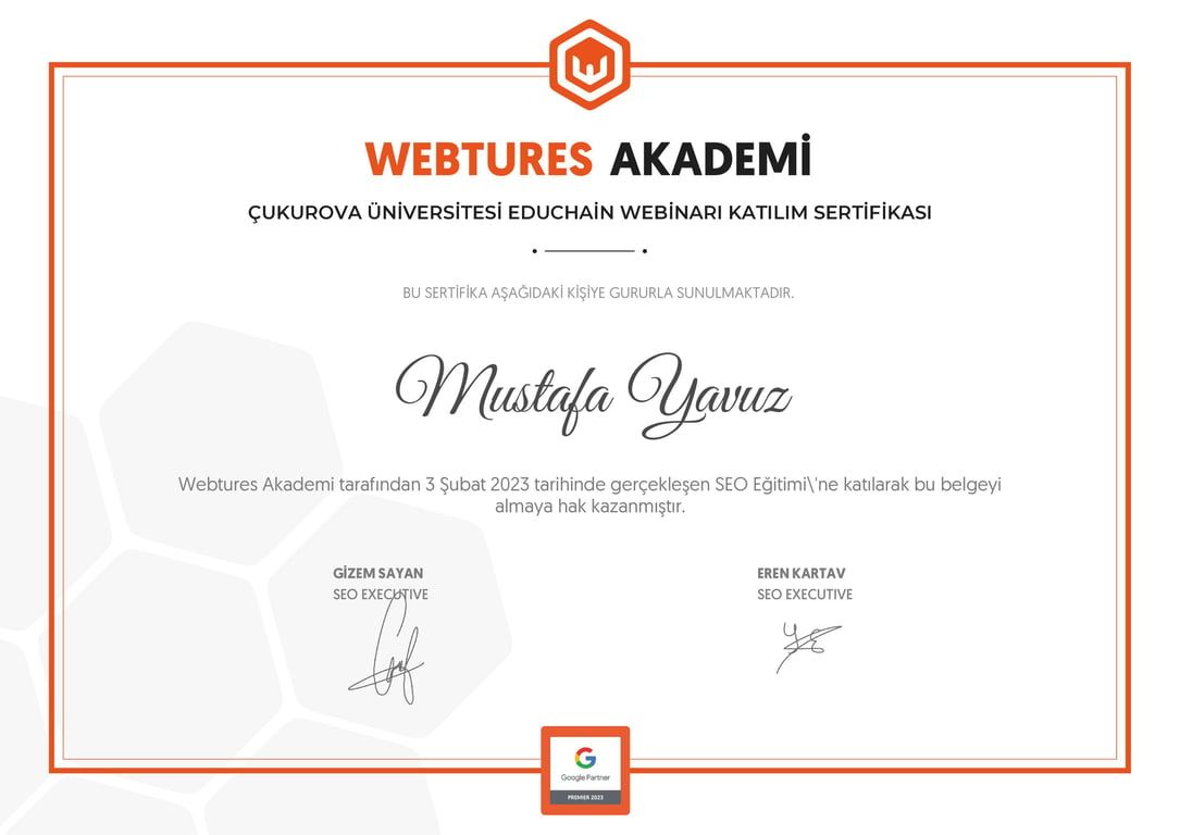 Mustafa Yavuz - Çukurova Üniversitesi EduChain Webinarı sertifikası