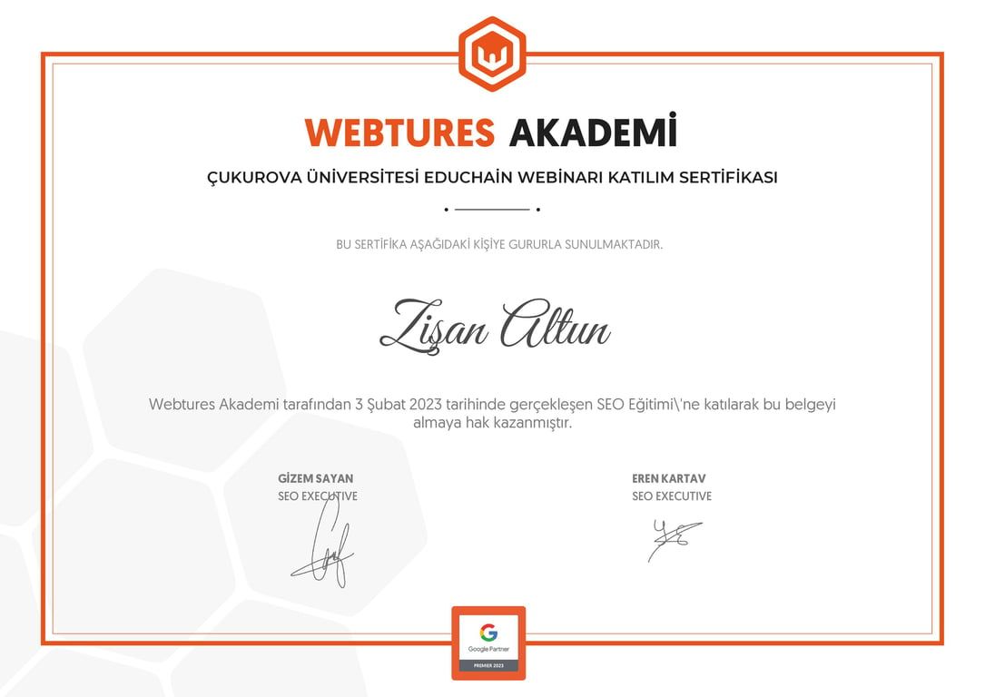 Zişan Altun - Çukurova Üniversitesi EduChain Webinarı sertifikası