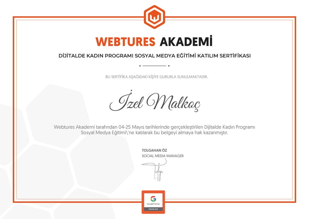 İzel Malkoç - Dijitalde Kadın Programı Sosyal Medya Eğitimi sertifikası