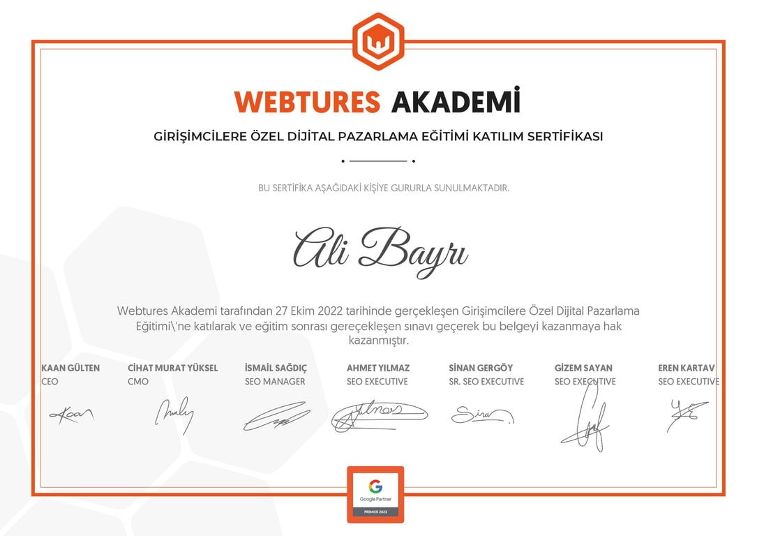 Ali Bayrı - Girişimcilere Özel Dijital Pazarlama Eğitimi sertifikası
