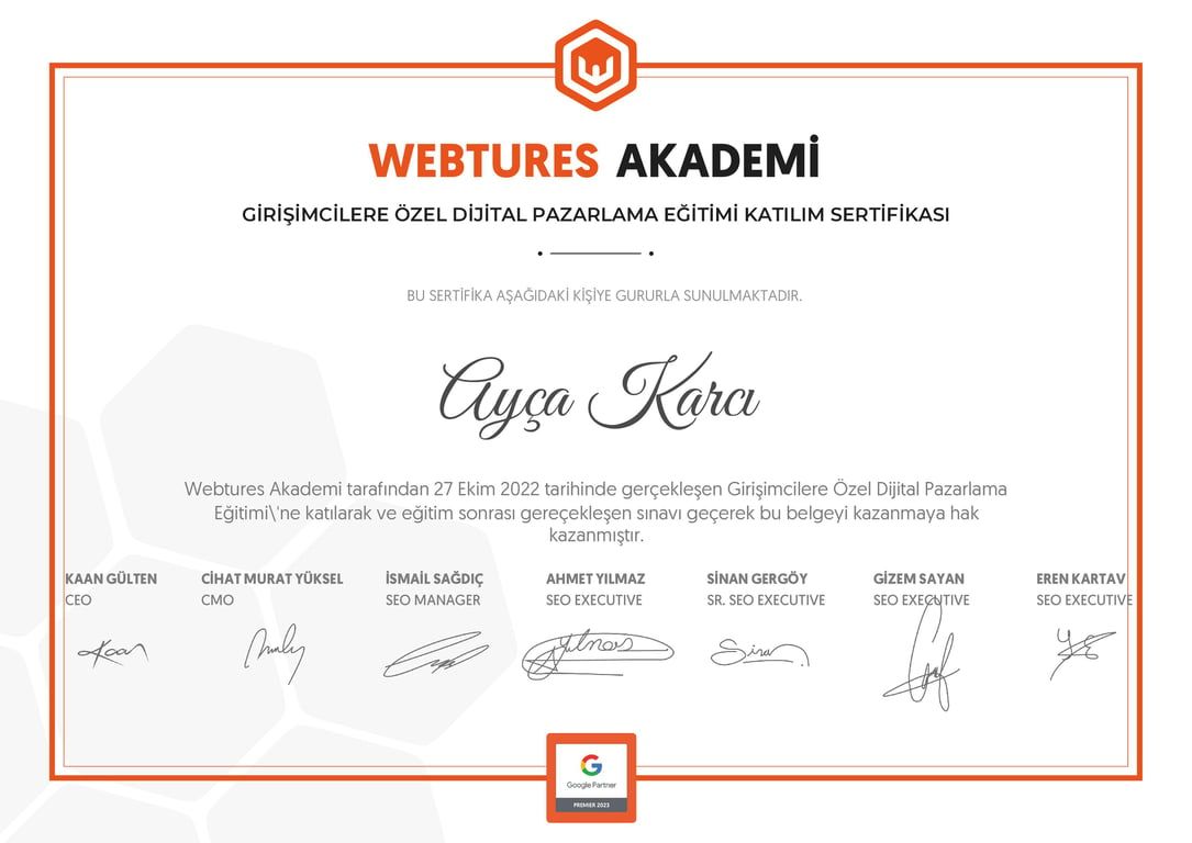 Ayça Karcı - Girişimcilere Özel Dijital Pazarlama Eğitimi sertifikası