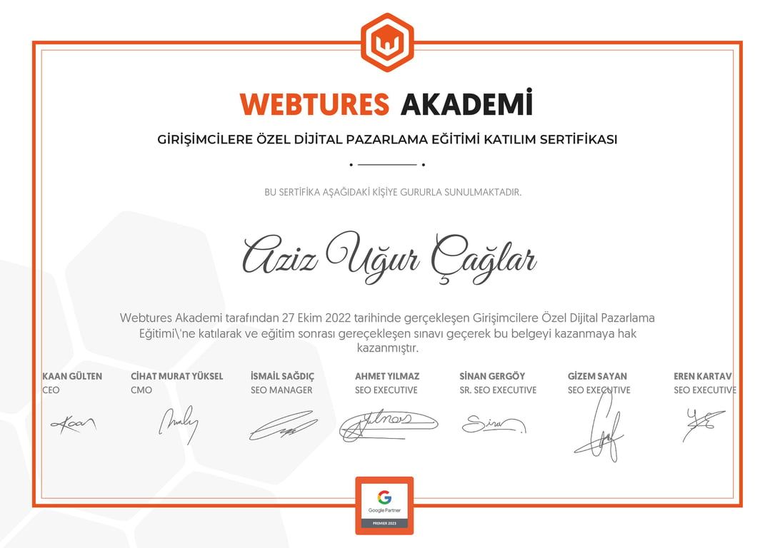 Aziz Uğur Çağlar - Girişimcilere Özel Dijital Pazarlama Eğitimi sertifikası
