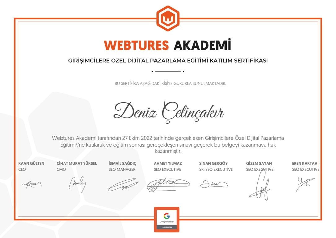 Deniz Çetinçakır - Girişimcilere Özel Dijital Pazarlama Eğitimi sertifikası