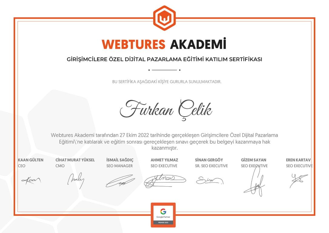 Furkan Çelik - Girişimcilere Özel Dijital Pazarlama Eğitimi sertifikası