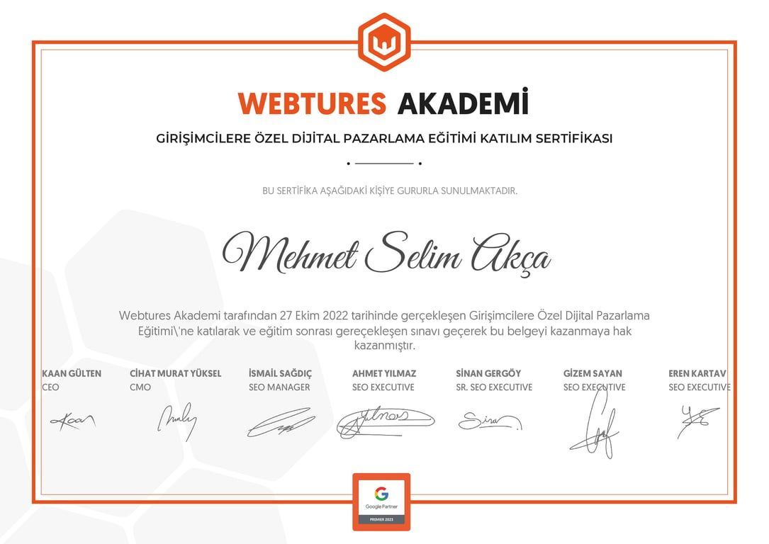 Mehmet Selim Akça - Girişimcilere Özel Dijital Pazarlama Eğitimi sertifikası
