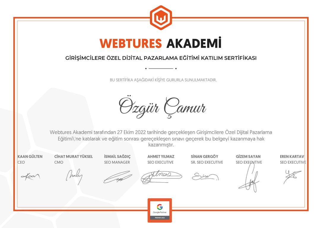 Özgür Çamur - Girişimcilere Özel Dijital Pazarlama Eğitimi sertifikası