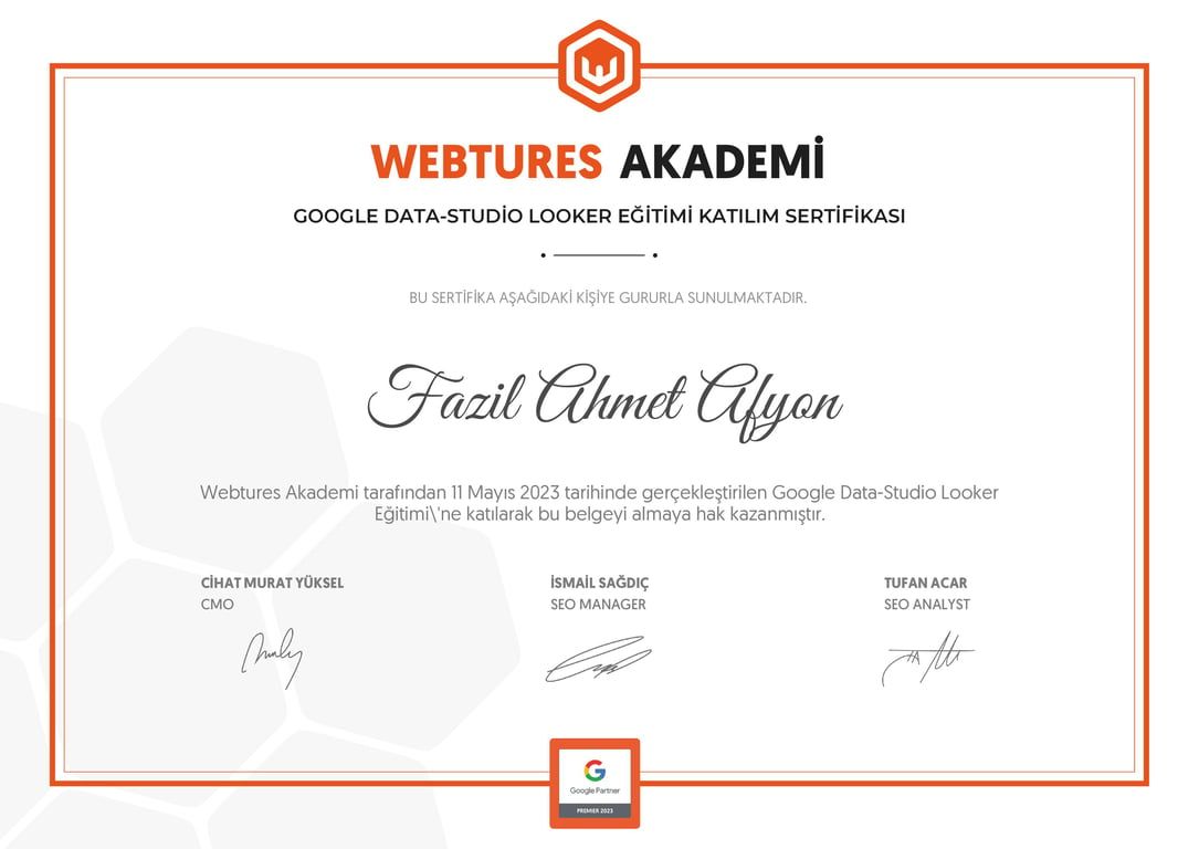 Fazil Ahmet Afyon - Google Data-Studio Looker Eğitimi sertifikası