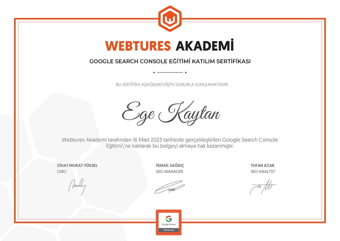 Ege Kaytan - Google Search Console Eğitimi sertifikası