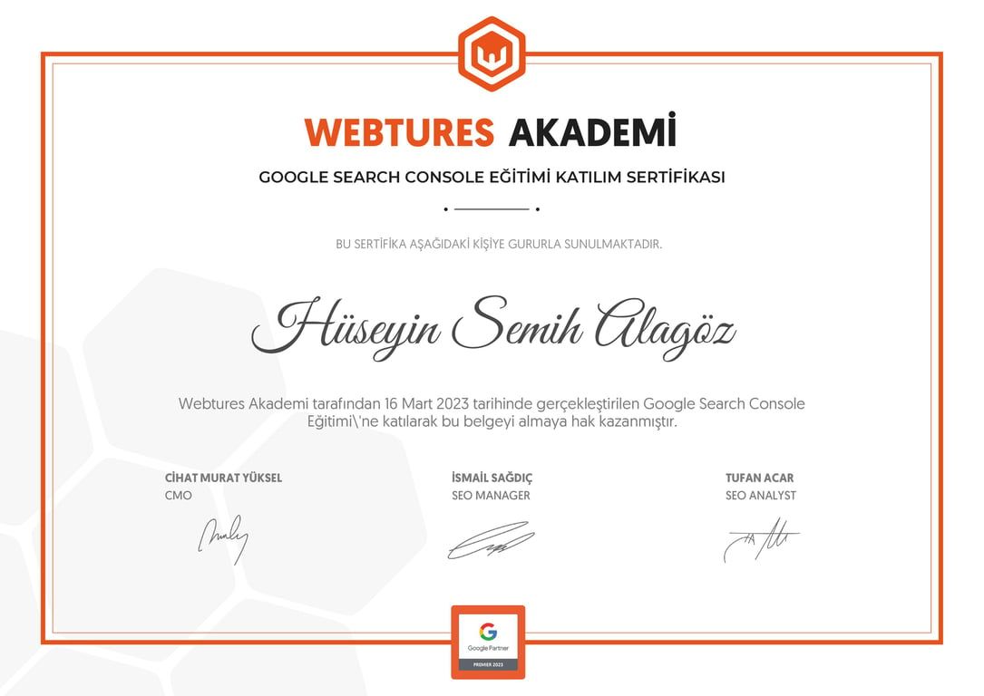 Hüseyin Semih Alagöz - Google Search Console Eğitimi sertifikası