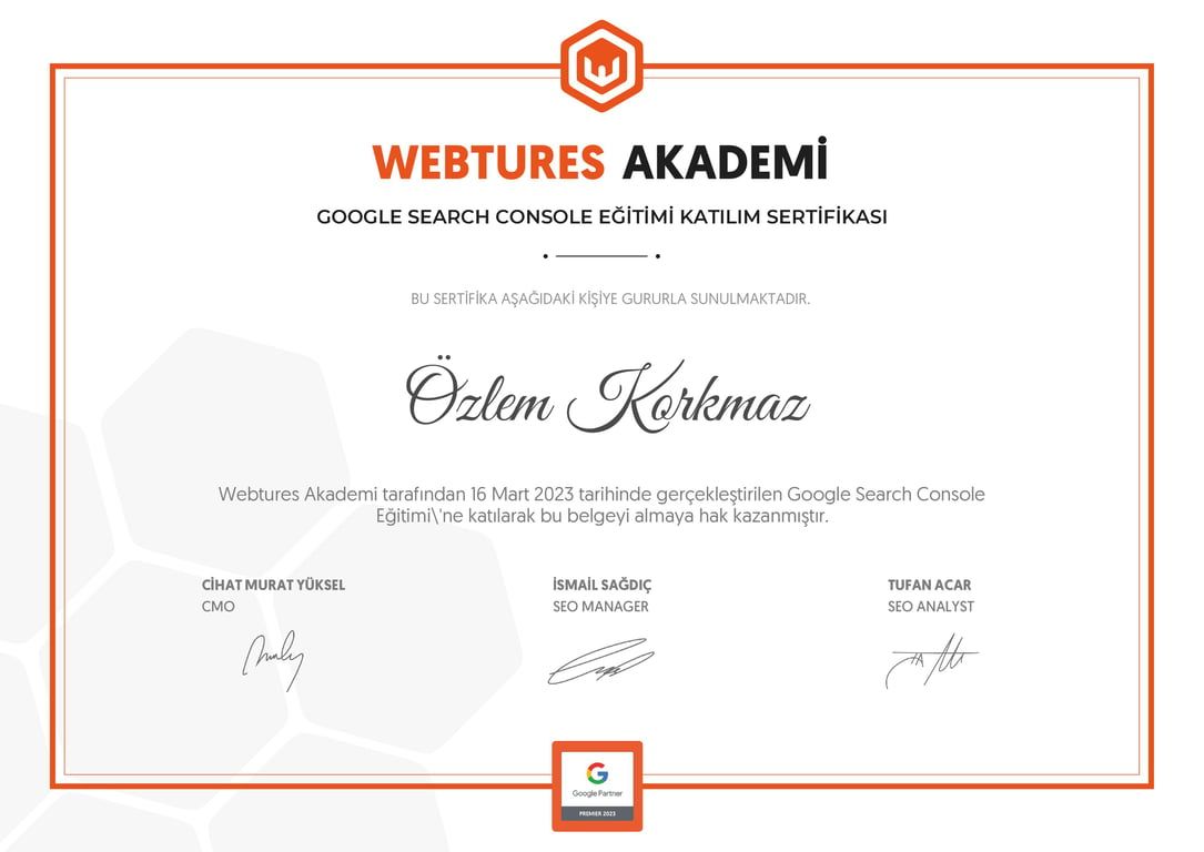 Özlem Korkmaz - Google Search Console Eğitimi sertifikası