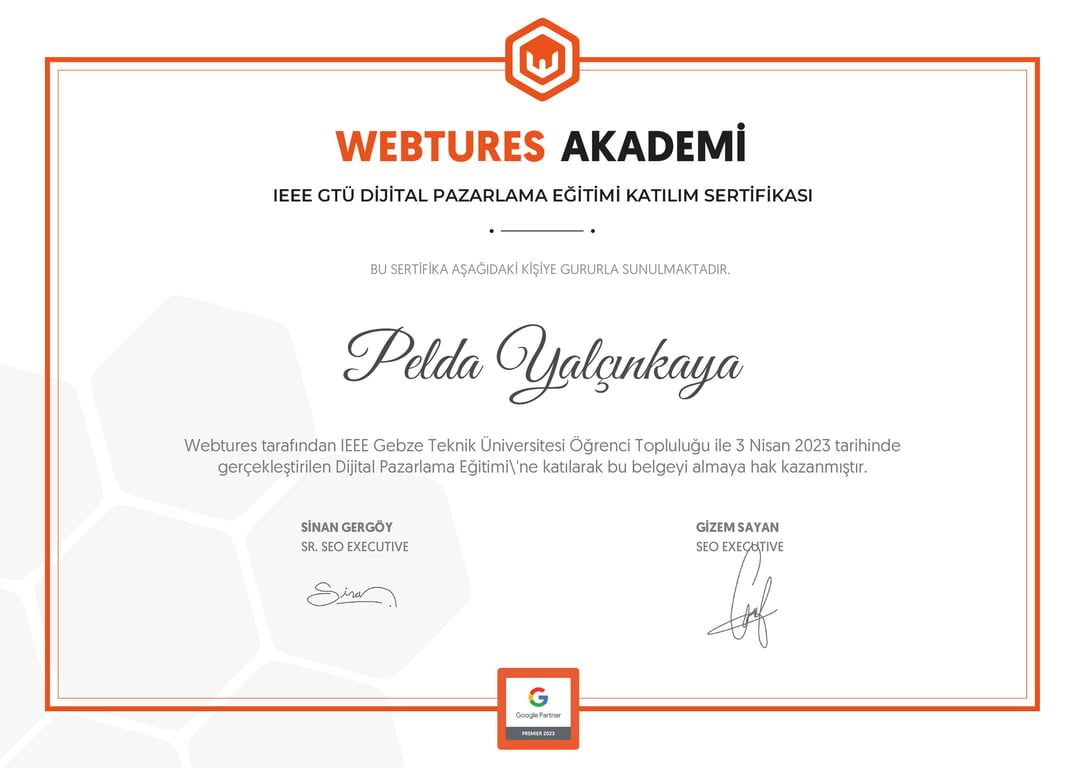 Pelda Yalçınkaya - IEEE GTÜ Dijital Pazarlama Eğitimi sertifikası