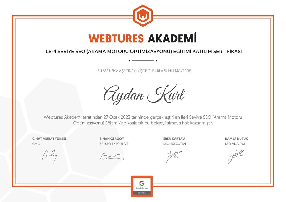 Aydan Kurt - İleri Seviye SEO (Arama Motoru Optimizasyonu) Eğitimi sertifikası