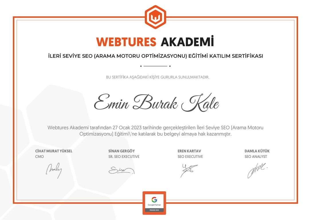Emin Burak Kale - İleri Seviye SEO (Arama Motoru Optimizasyonu) Eğitimi sertifikası