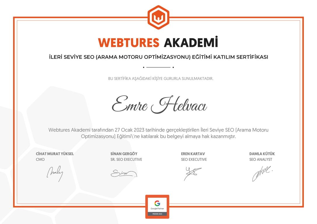 Emre Helvacı - İleri Seviye SEO (Arama Motoru Optimizasyonu) Eğitimi sertifikası