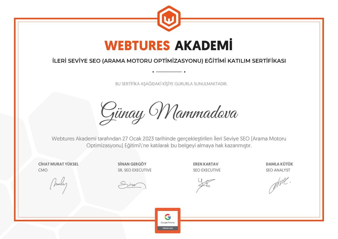 Günay Mammadova - İleri Seviye SEO (Arama Motoru Optimizasyonu) Eğitimi sertifikası