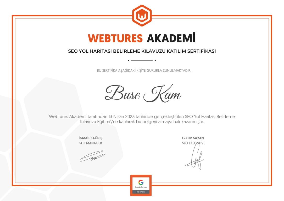 Buse Kam - SEO Yol Haritası Belirleme Kılavuzu sertifikası