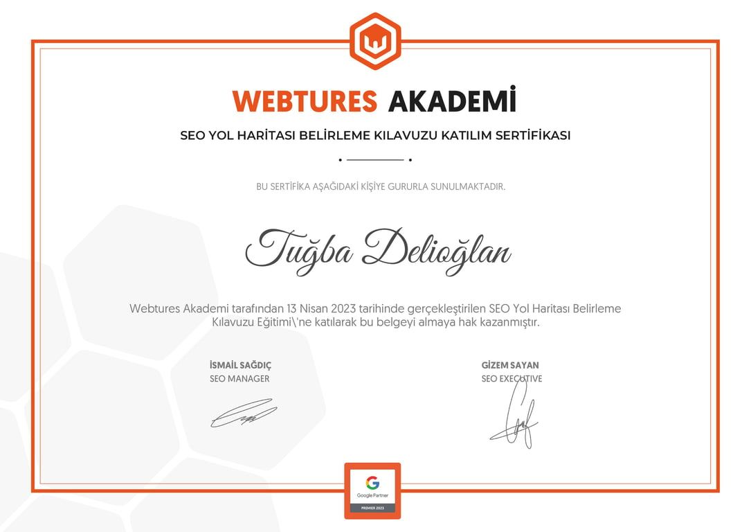 Tuğba Delioğlan - SEO Yol Haritası Belirleme Kılavuzu sertifikası