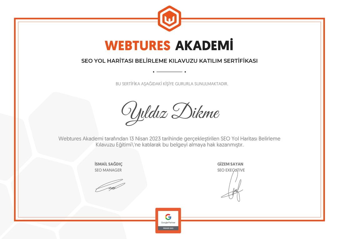 Yıldız Dikme - SEO Yol Haritası Belirleme Kılavuzu sertifikası