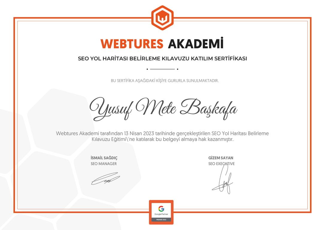Yusuf Mete Başkafa - SEO Yol Haritası Belirleme Kılavuzu sertifikası