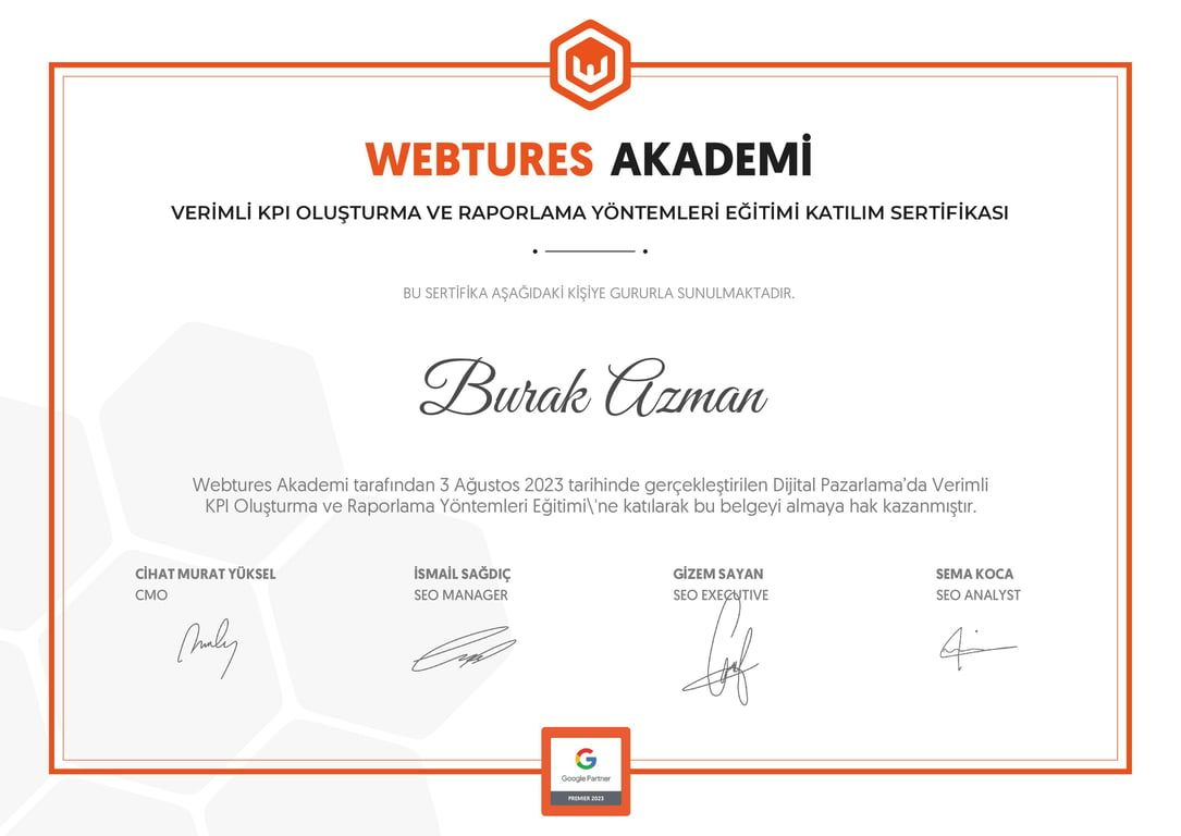 Burak Azman - Verimli KPI Oluşturma ve Raporlama Yöntemleri Eğitimi sertifikası