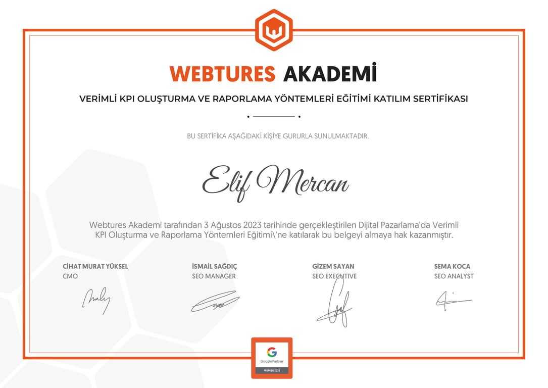 Elif Mercan - Verimli KPI Oluşturma ve Raporlama Yöntemleri Eğitimi sertifikası