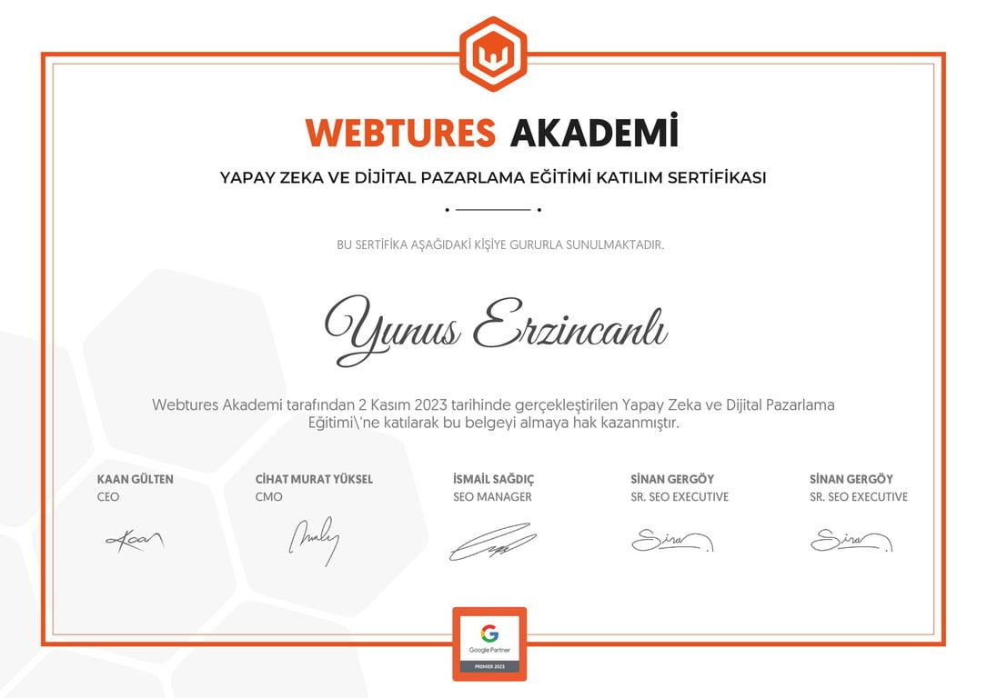 Yunus Erzincanlı - Yapay Zeka ve Dijital Pazarlama Eğitimi sertifikası