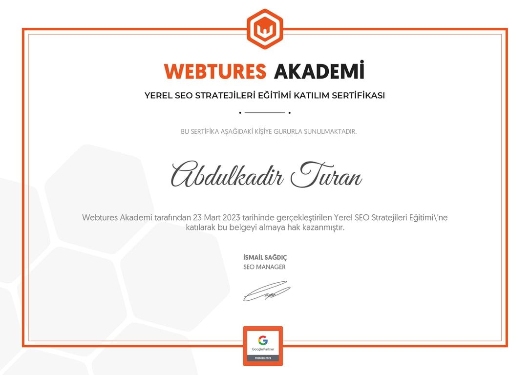 Abdulkadir Turan - Yerel SEO Stratejileri Eğitimi sertifikası