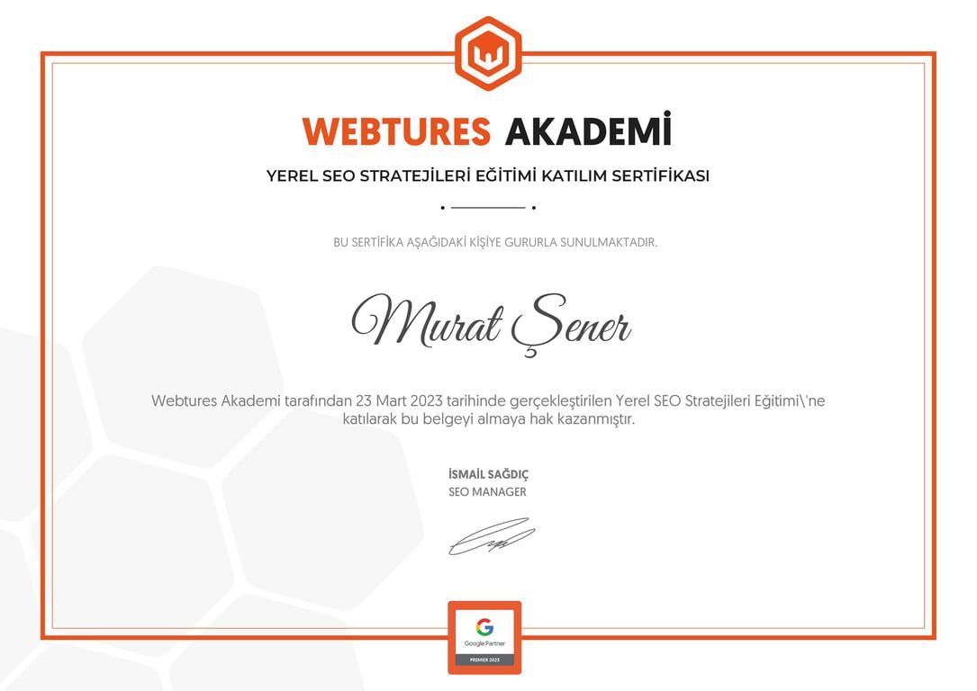 Murat Şener - Yerel SEO Stratejileri Eğitimi sertifikası